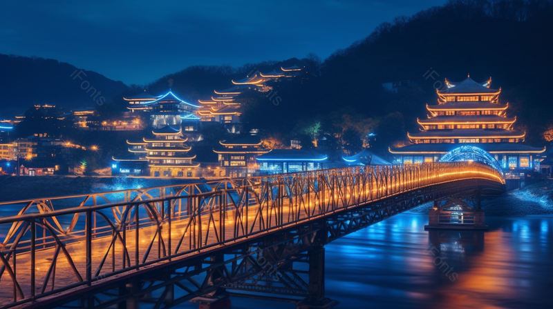 夜晚景色地标城市建筑的灯光栏杆景观摄影图,高清,摄影图,摄影图片,图片大全,摄影图免费下载